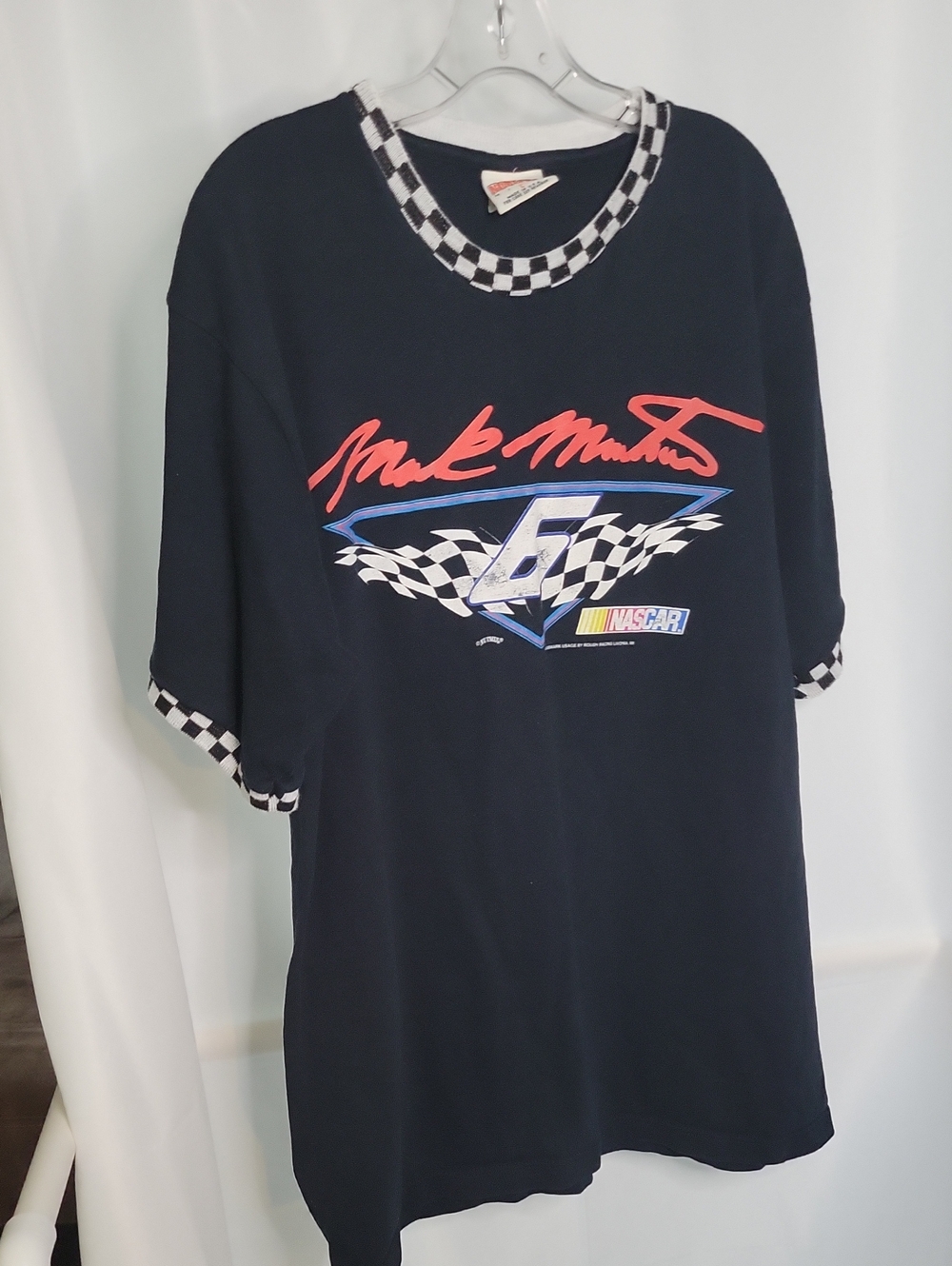 Nascar Black Tee with Red Script and Checkered Trim